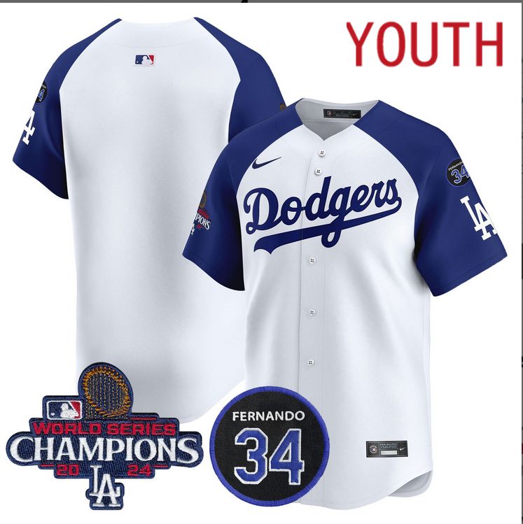 Youth MLB Los Angeles Dodgers blank white 2024 World Series Champions Patch Limited Jersey style 2